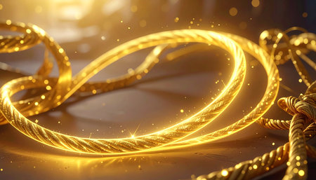 Golden ropes on a dark background. 3d rendering toned imageの素材