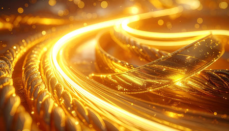 3d illustration of abstract background with golden waves and bokehの素材