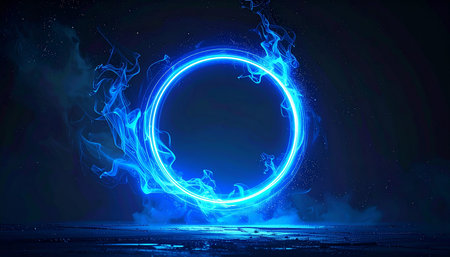 Blue neon circle on dark background with smoke. 3D Renderingの素材