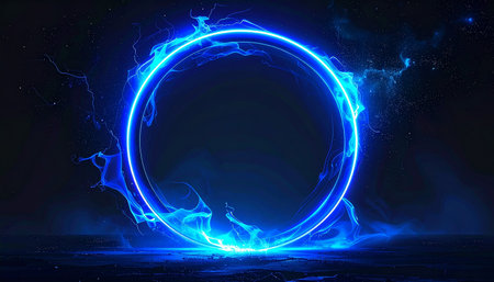 Blue glowing circle on a dark background. 3d rendering, 3d illustration.の素材