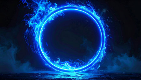Blue glowing neon circle on dark background with smoke. 3D renderingの素材