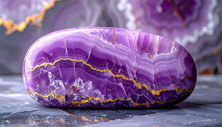 close up of agate gemstone on a background of purple marbleの素材