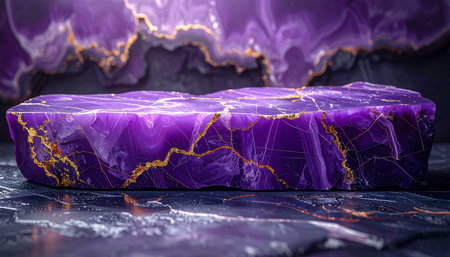 Purple marble stage on a dark background. 3d rendering.の素材
