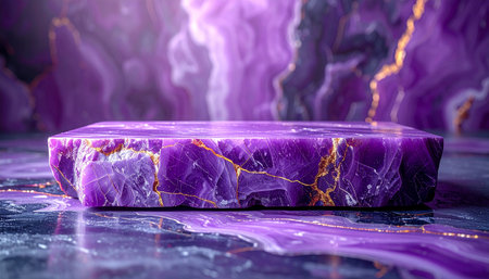 Purple marble podium on abstract background. 3d render illustration.の素材