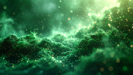 Abstract green background with particles and bokeh lights. 3d renderingの素材