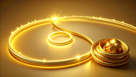 3d illustration of golden ring over golden background with light effects.の素材