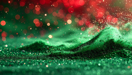 Green Christmas background with bokeh lights and snowflakes.の素材