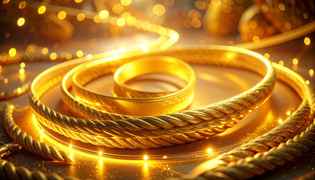 Golden rings on a gold background. 3d rendering, 3d illustration.の素材