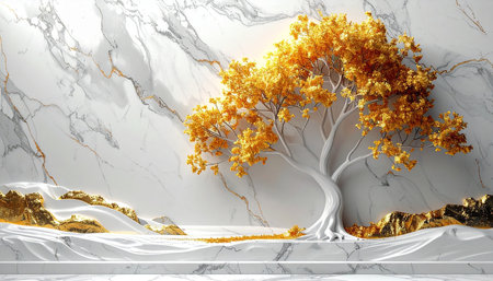 3d render, white marble background with golden tree and golden leavesの素材