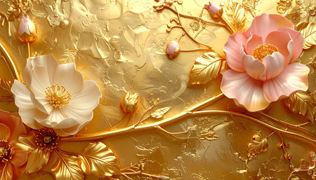 3d rendering of flower on golden background. 3d illustration.の素材