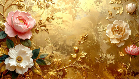 Abstract floral background with gold and white flowers. 3D illustration.の素材