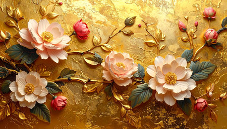 Flowers on gold background. 3d rendering, 3d illustration.の素材
