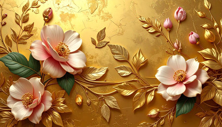 Flowers and leaves on gold background. 3D illustration. Vintage style.の素材