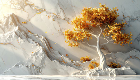 3d render of white marble background with golden tree in the middleの素材