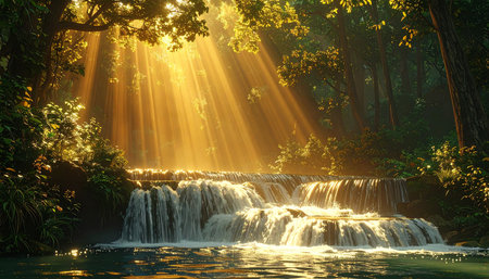 Beautiful waterfall in the forest with sunbeams and lens flareの素材