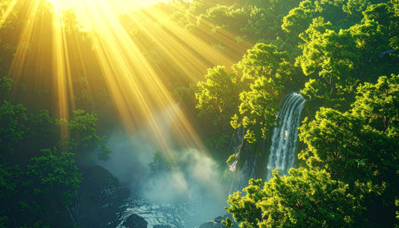 Waterfall in the forest with sunbeams and lens flare.の素材