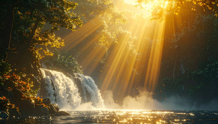 Beautiful waterfall in the forest with sunbeams and lens flareの素材