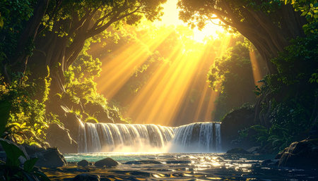 Beautiful waterfall in tropical rainforest with sun rays and lens flareの素材