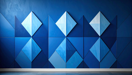 Blue wall with geometric pattern. 3d rendering. Mock up.の素材
