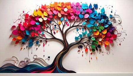Colorful paper tree on white wall. Abstract background for design.の素材