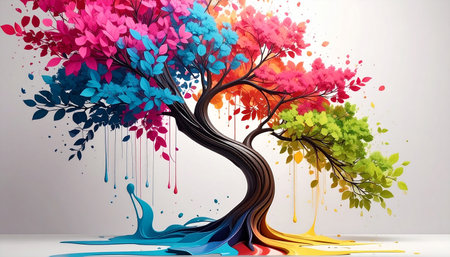 Colorful tree with watercolor splashes on grey background. Vector illustrationの素材