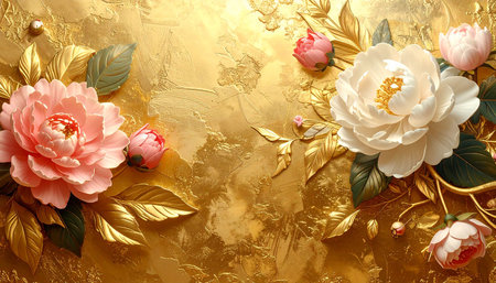 Peony flowers on gold background. Top view. Copy space.の素材