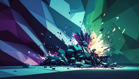 Abstract geometric polygonal background with explosion. 3d render illustrationの素材