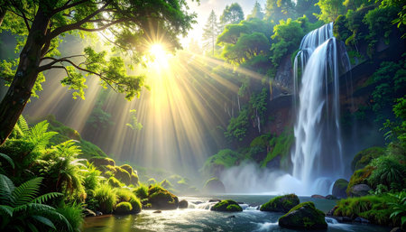 Tropical waterfall in the forest with sunbeams shining through the treesの素材