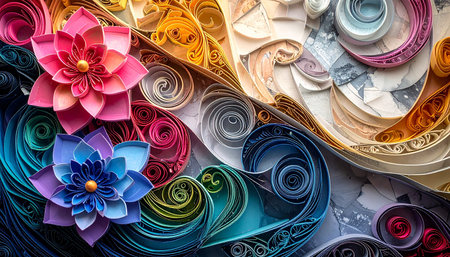 Paper flowers on the abstract background. Colorful paper flowers. Paper flowers.の素材