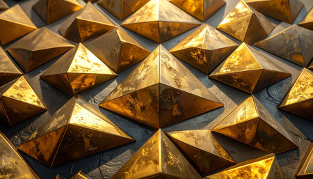 3d rendering of a lot of golden triangles on a dark backgroundの素材