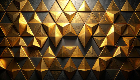 3D rendering of abstract golden geometric shape on dark concrete wall backgroundの素材