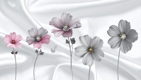 3d illustration of white satin with pink and white poppy flowersの素材