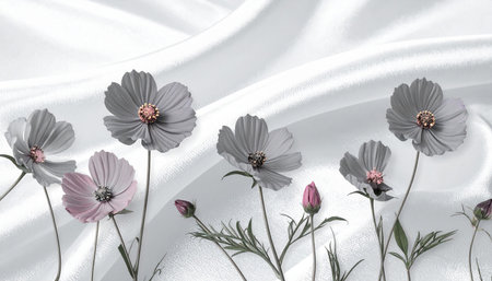 Cosmos flowers on white satin cloth background. 3d renderingの素材