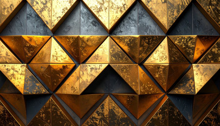 3d rendering of abstract geometric background with golden and black metal elementsの素材