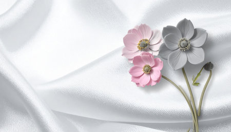 Flowers on white silk background. 3d rendering, 3d illustration.の素材