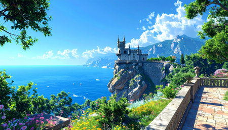 Beautiful panoramic view of the sea and the old castleの素材