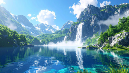 Fantastic waterfall in the mountains. Nature composition. 3d renderの素材