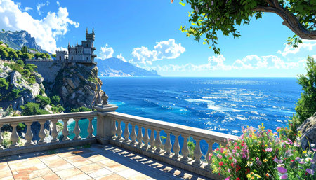 Beautiful view from the terrace to the sea and the castleの素材