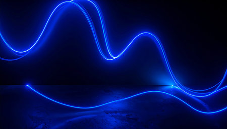 Abstract blue neon lines on a dark background. 3d rendering mock upの素材