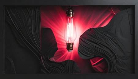 Lightbulb in a black box with a black curtain and a red draperyの素材