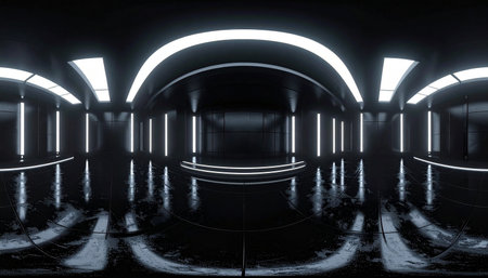 3D rendering of a futuristic corridor with glowing lights and reflections.の素材
