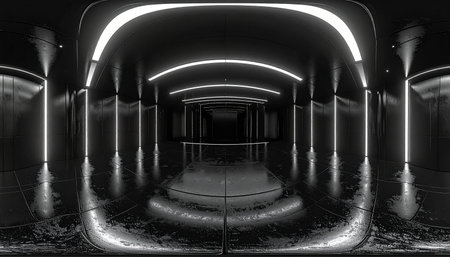 3D CG rendering of Futuristic space tunnel corridor with glowing lightsの素材