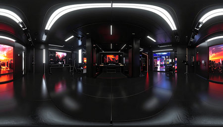 3D CG rendering of space ship tunnel with red lights and spaceshipの素材