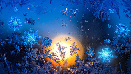 Frosty winter background with snowflakes and moon at nightの素材