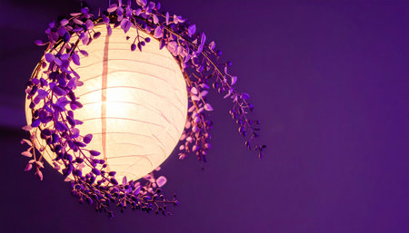 Decorated ceiling lamp with purple flowers in the living room.の素材