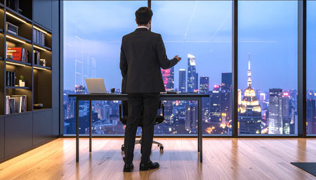 Businessman standing in modern office and looking at night city view.の素材