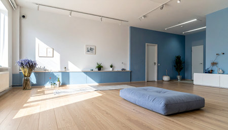 interior of a modern bright living room with blue walls and wooden floorの素材