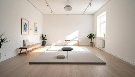 Interior of a modern yoga studio with white walls and wooden floorの素材