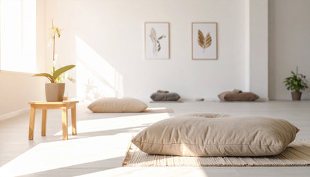 Modern living room interior with comfortable pillows and plants, closeupの素材