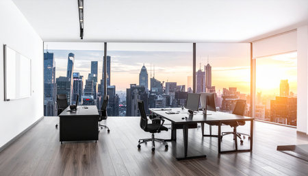 Modern office interior with panoramic city view. 3D Renderingの素材